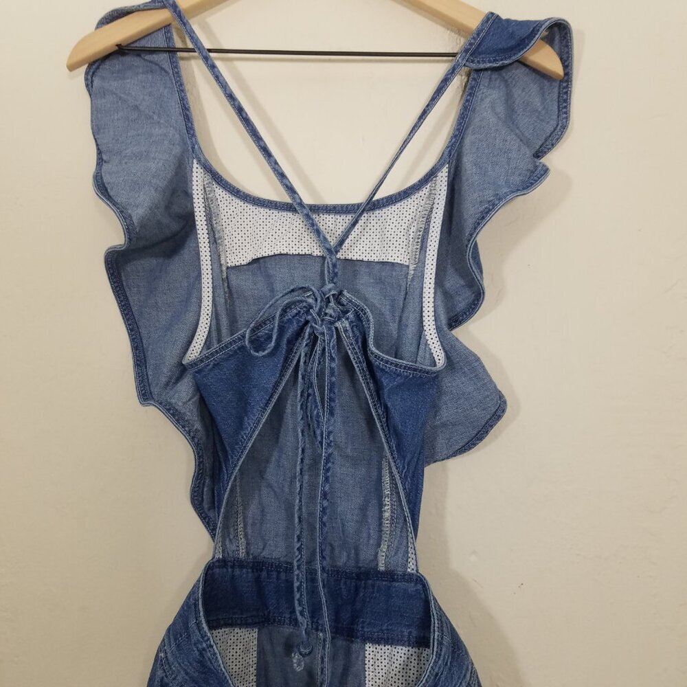 La Vie En Rose Ruffle Open Back Denim Jumpsuit Blue Size S - Picture 5 of 9